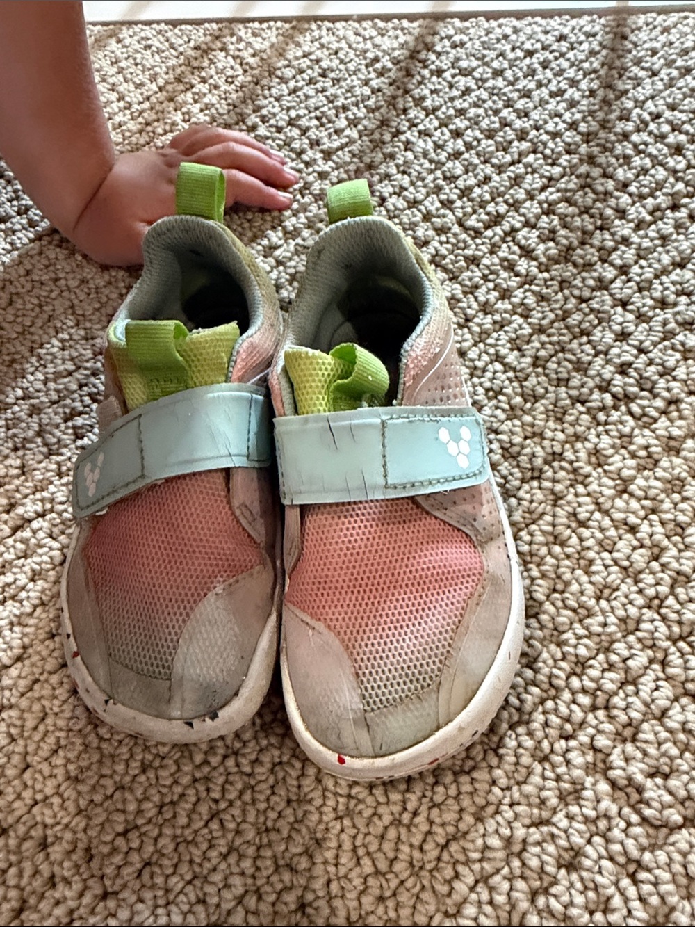 Vivo Barefoot Kids Beige and Pink Sneakers with Mint Strap and Lime Pull Tabs